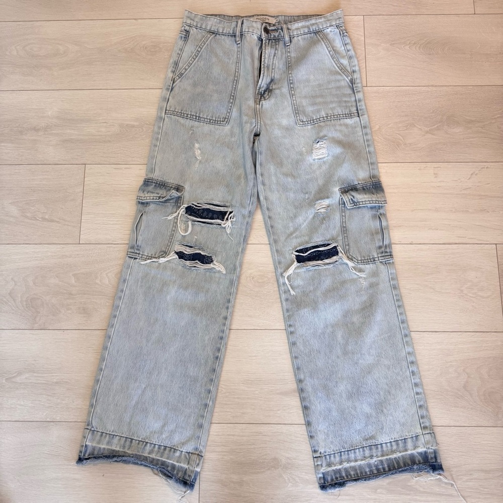 Hidden Distressed Cargo Denim Patchwork Jeans Size 28